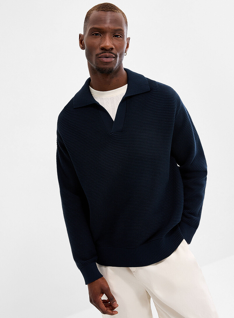 Textured Knit Johnny-Collar Sweater