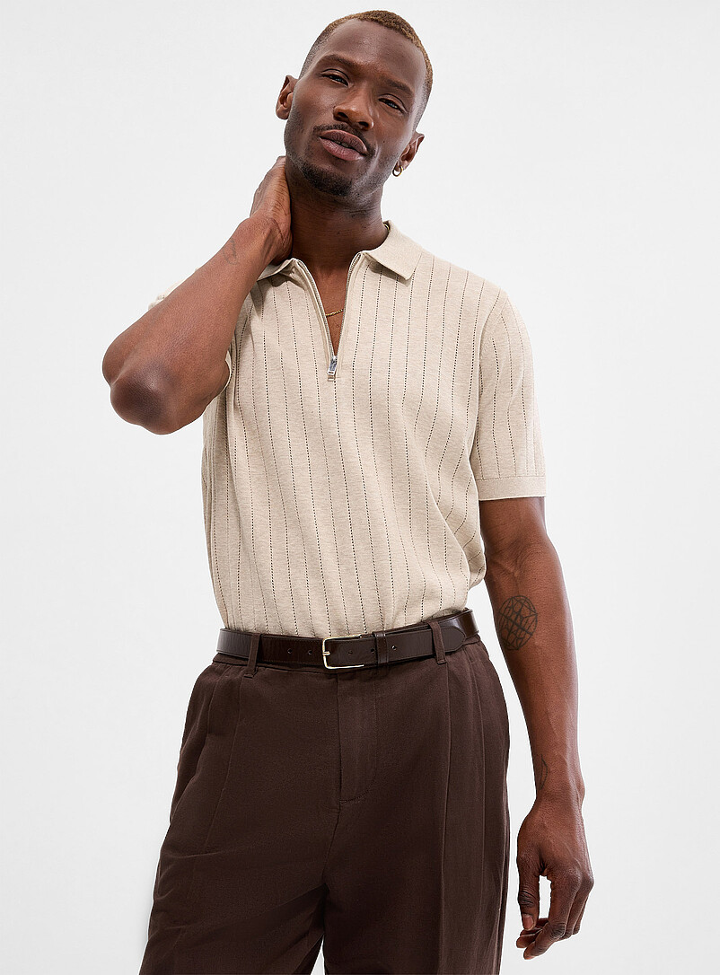Openwork Striped Zipped Polo