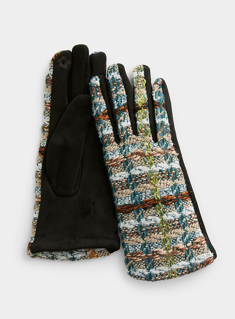 Simons Patterned Blue Faux-suede palm tweed gloves for women