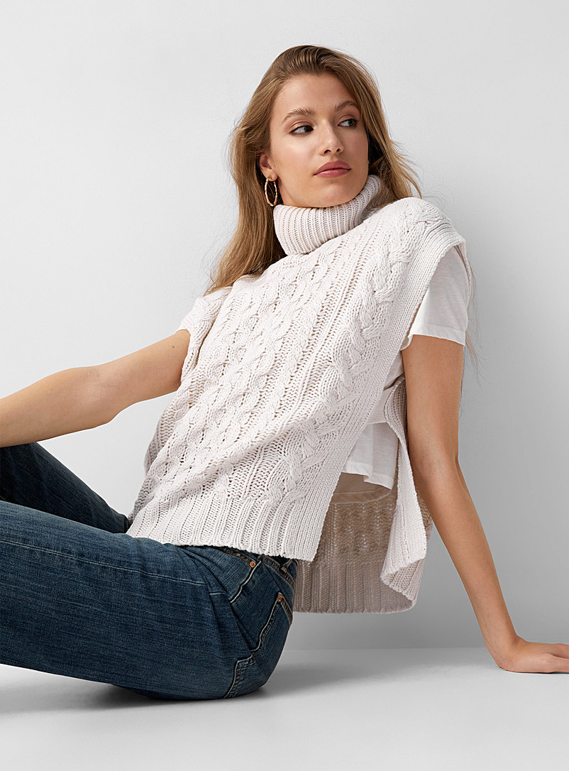 Twik Ivory White Cable knit turtleneck tank for women