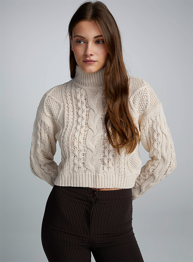 Twik Ivory White Cropped cable-knit mock neck sweater for women