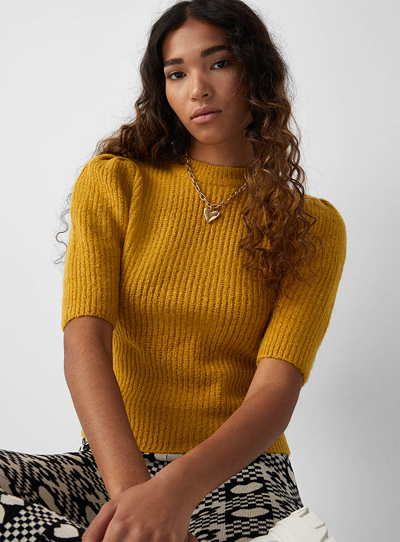 Twik Dark Yellow Short puff sleeves ribbed sweater for women