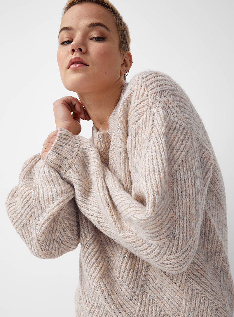Twik Cream Beige Loose diamond-pattern shaker-rib sweater for women