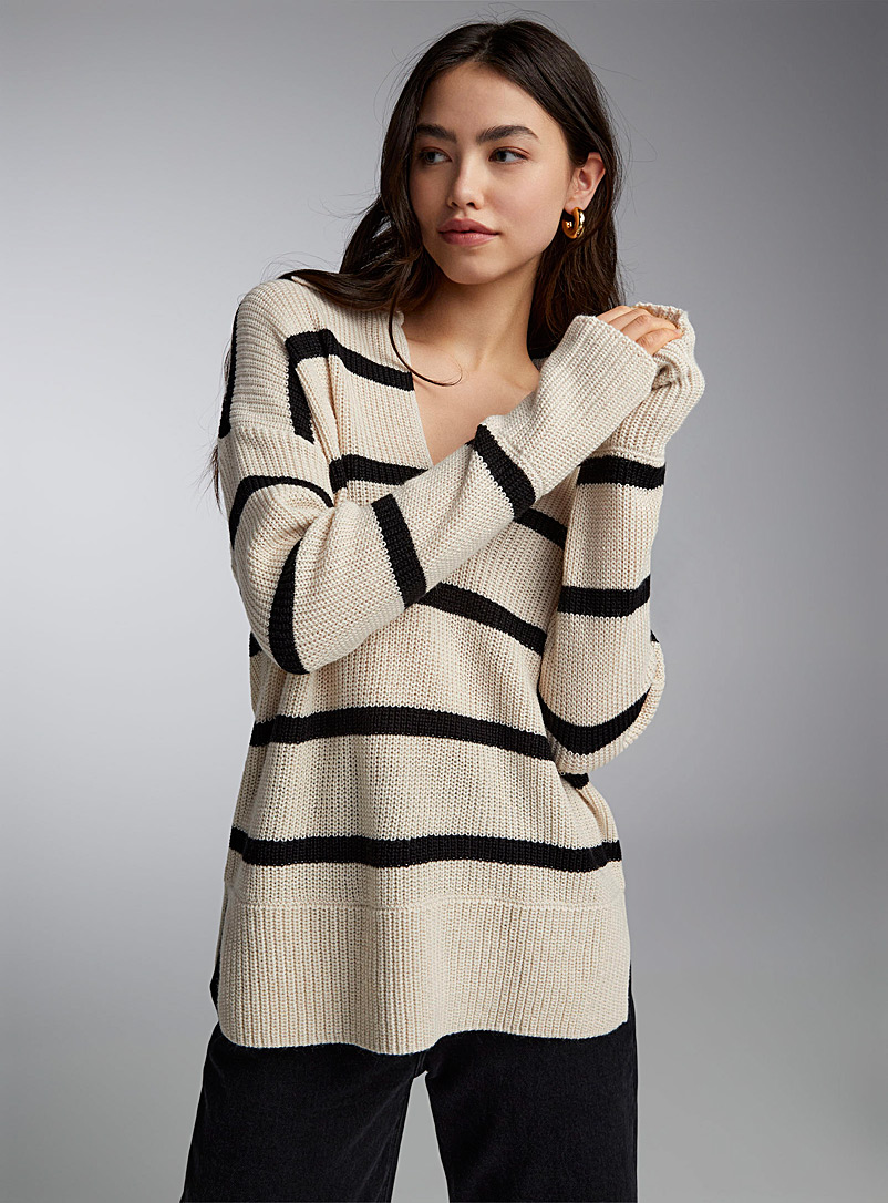 Twik Patterned White Ribbing and stripes Johnny collar sweater for women