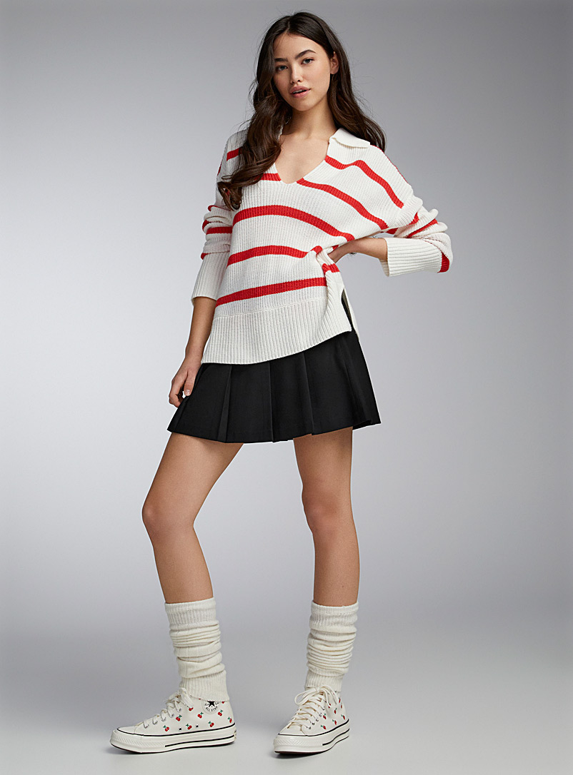 Twik Patterned Red Ribbing and stripes Johnny collar sweater for women