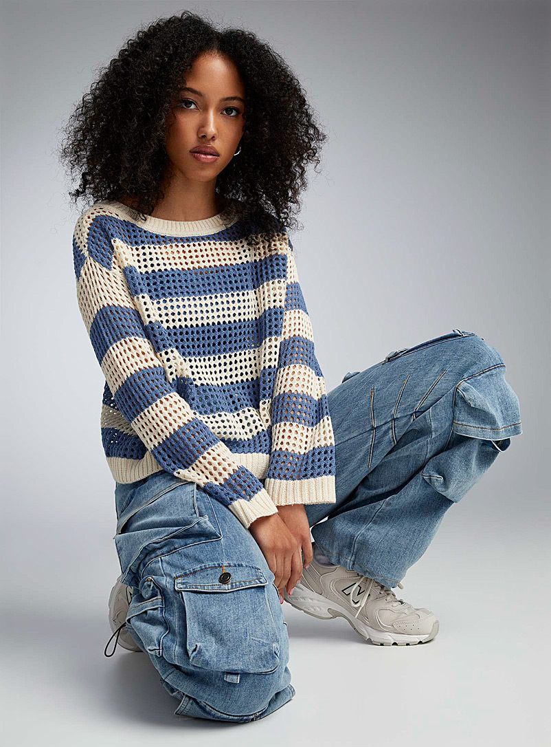 Twik Slate Blue Wide stripes openwork sweater for women