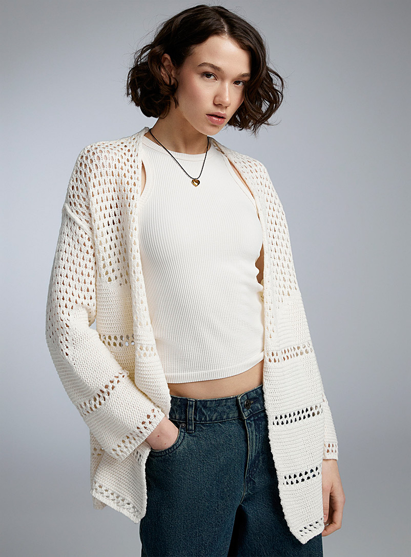 Twik Ivory/Cream Beige Crocheted-style open cardigan for women