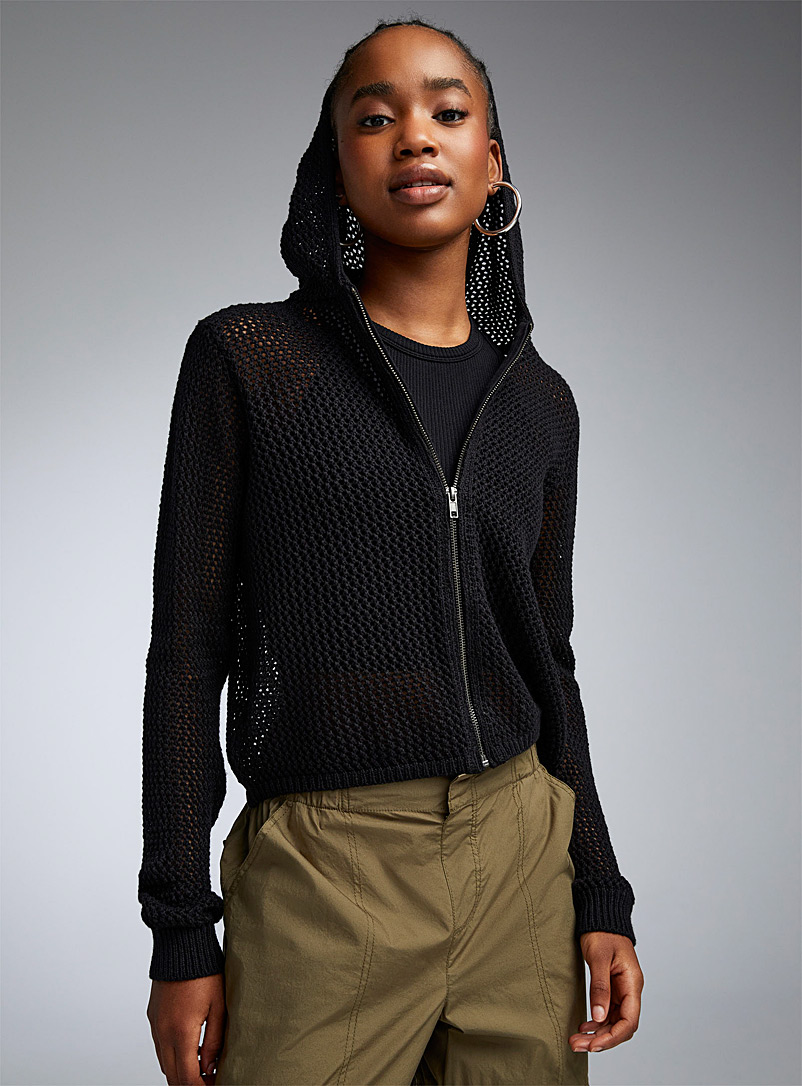 Twik Black Openwork knit zippered jacket for women
