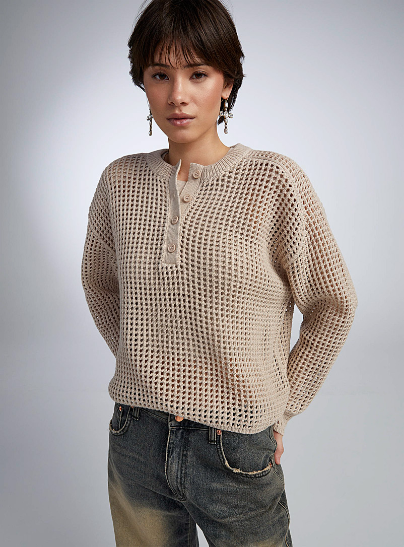 Twik Cream Beige Openwork knit Henley sweater for women