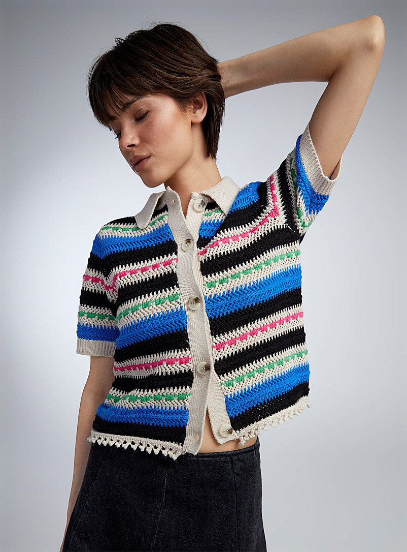 Twik Patterned Black Colourful stripes buttoned sweater for women