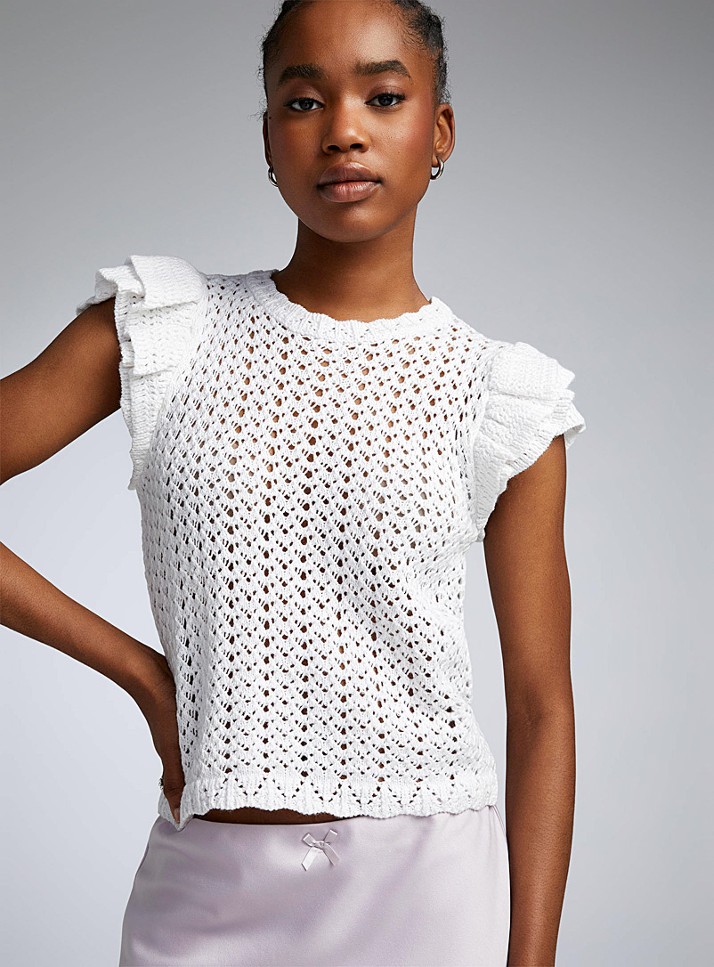 Twik White Ruffled sleeves openwork sweater for women