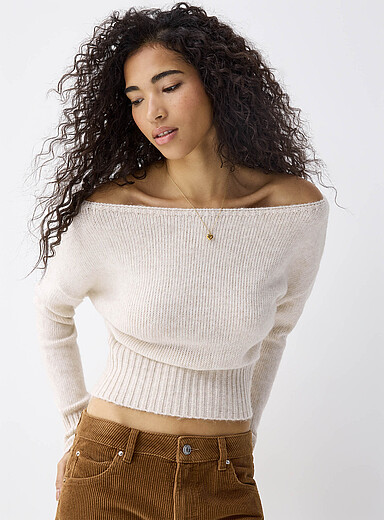 Twik: Le chandail col bateau taille ajust&eacute;e Ivoire - Beige cr&egrave;me pour femme