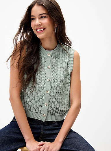 Openwork rib-knit button-up sweater vest