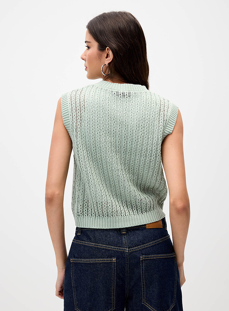 Twik Mint/Pistachio Green Openwork rib-knit button-up sweater vest for women