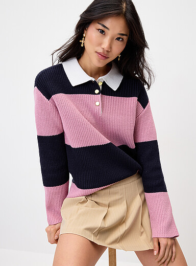 Twik: Le chandail col polo ray&eacute; Rose - Rayure pour femme