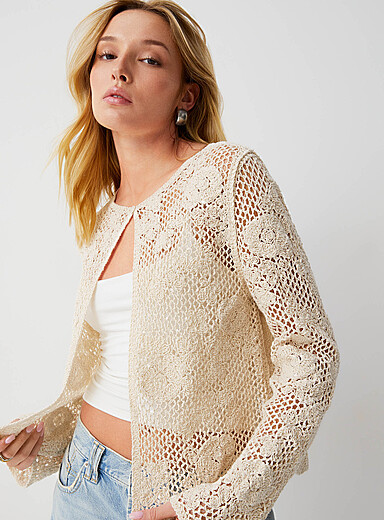 Clear sequined crocheted cardigan