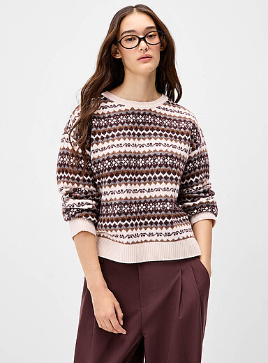 Twik Patterned Brown Northern pattern plush sweater for women