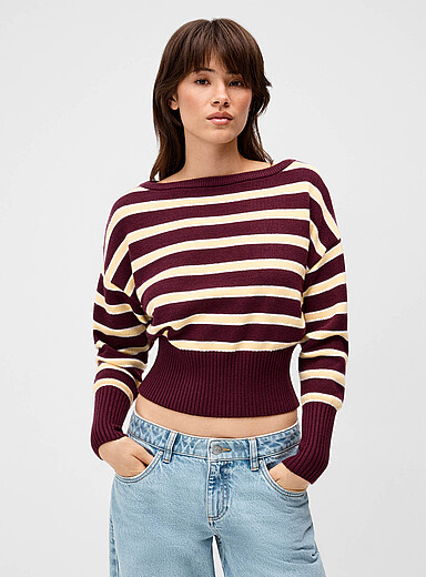Twik Patterned Red Fitted waist boat-neck sweater for women