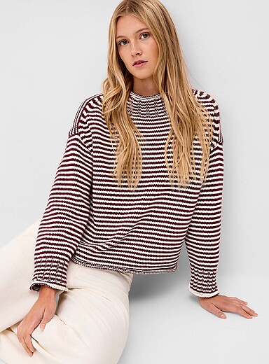 Twik Patterned Red Striped rolled hem mock-neck sweater for women