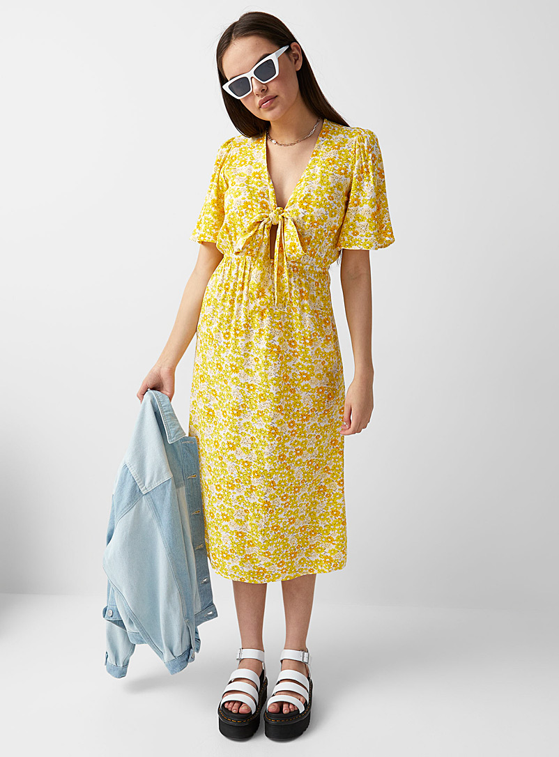 Twik Patterned Yellow Accent bow midi dress for women