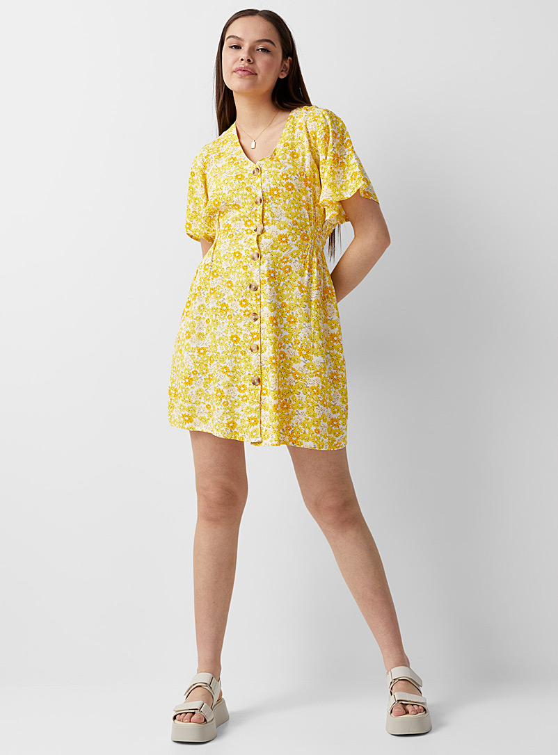 Twik Patterned Yellow Horn-like button printed dress for women