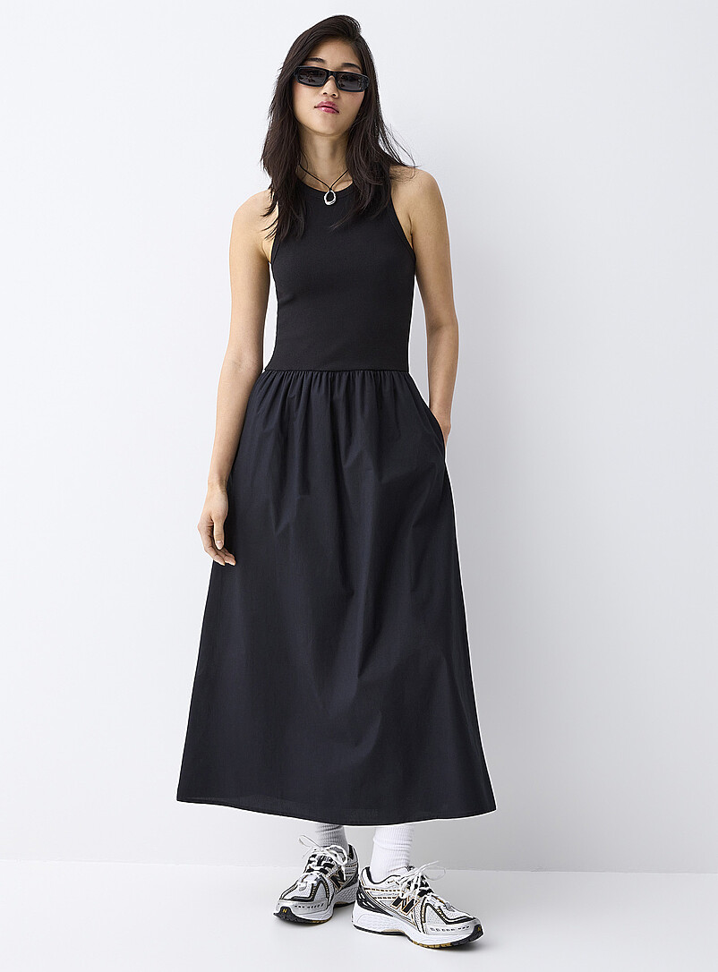 Robe bimatière à col V - Noir