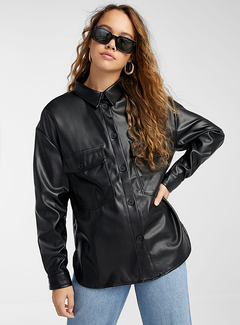 Twik Black Faux-leather utility overshirt for women