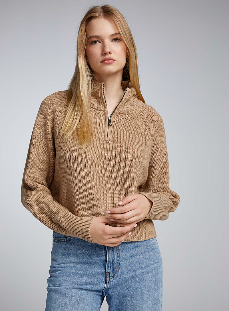 Twik Cream Beige Zippered collar ribbed sweater for women
