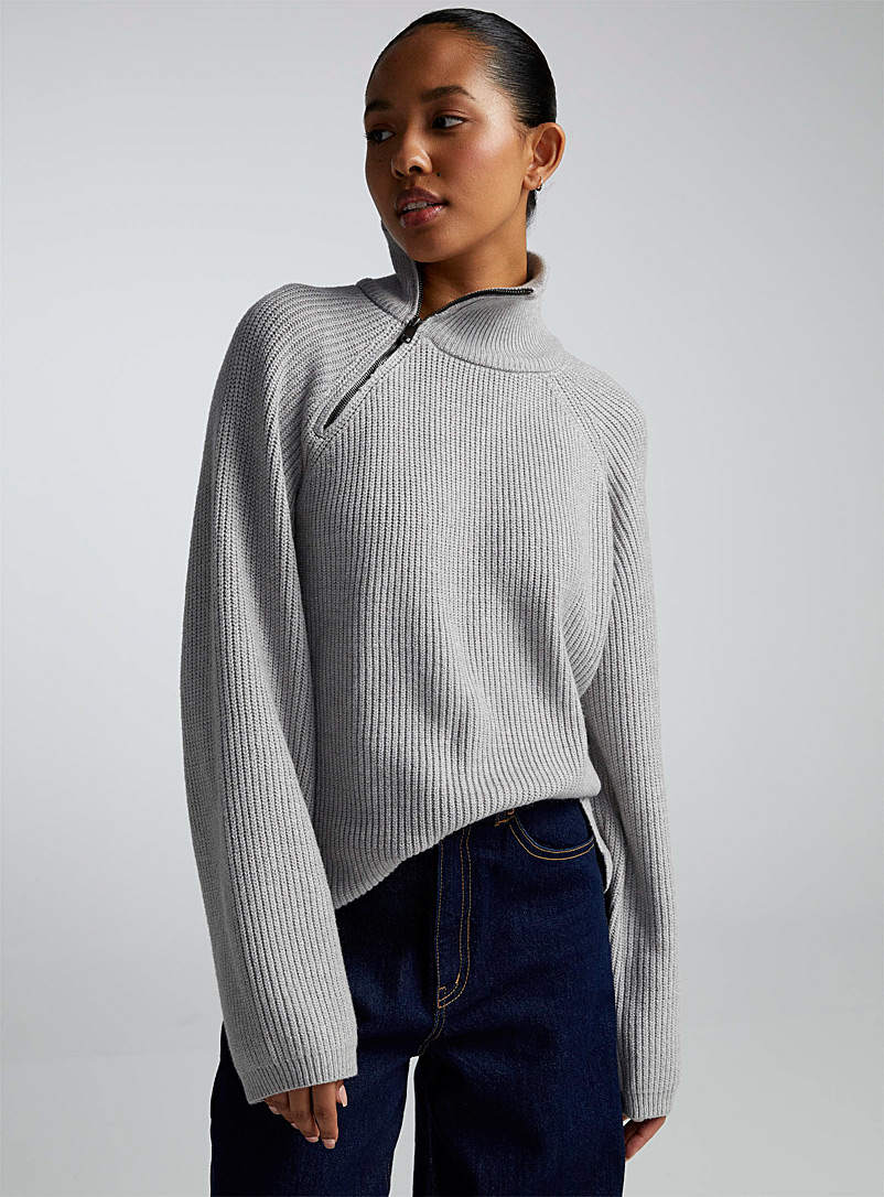 Twik Grey Solid diagonal clasp mock-neck sweater for women