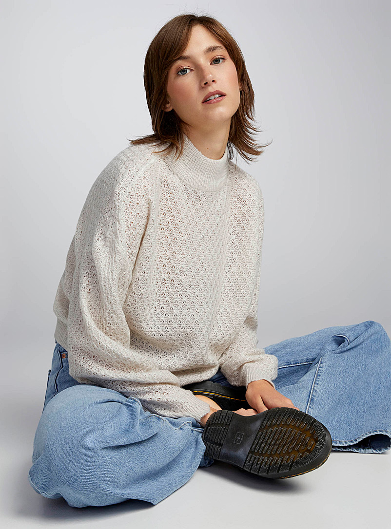 Twik Ivory White Puff sleeve pointelle knit sweater for women