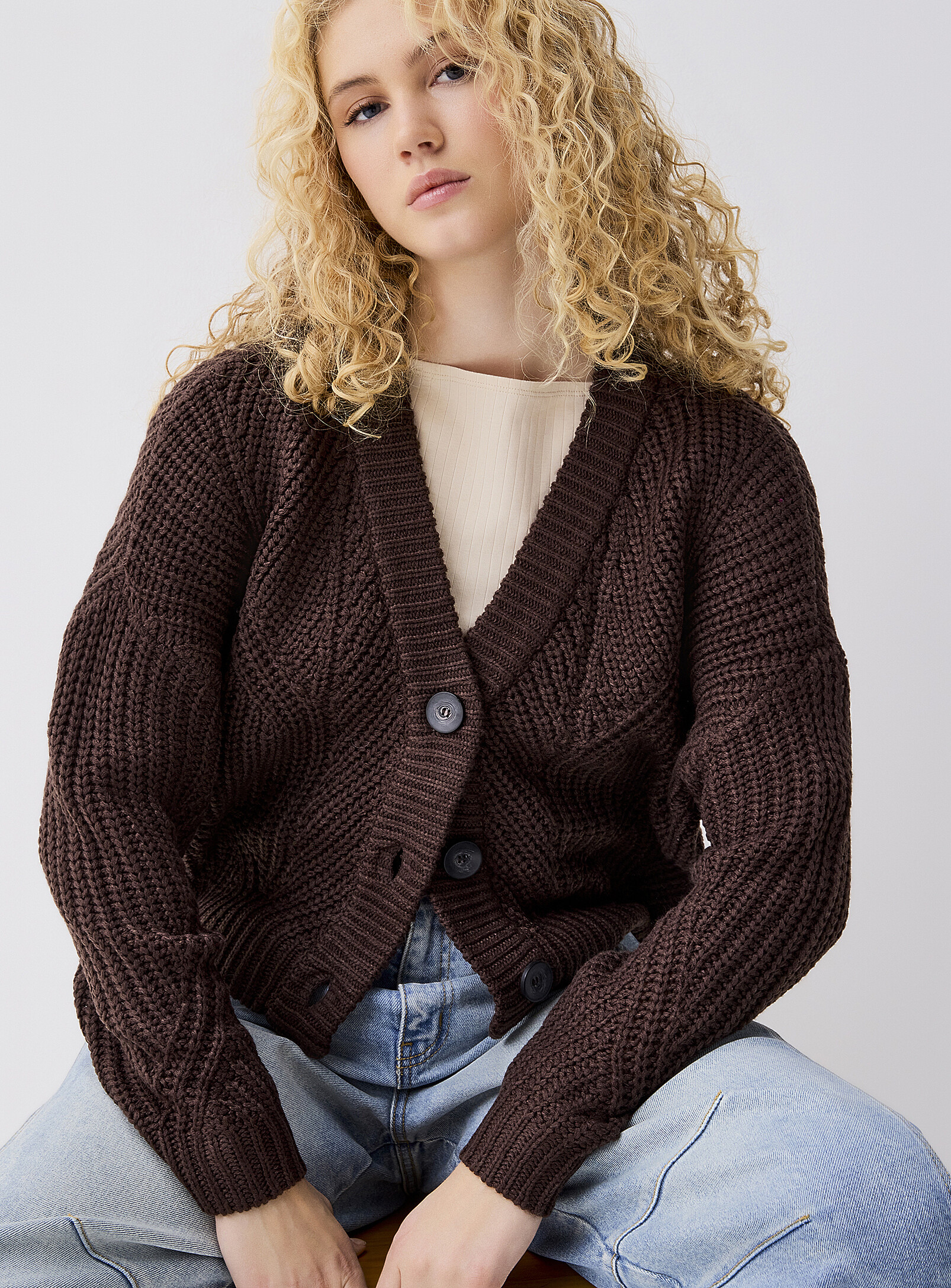 TWIK BIG BUTTON SHAKER-RIB CARDIGAN