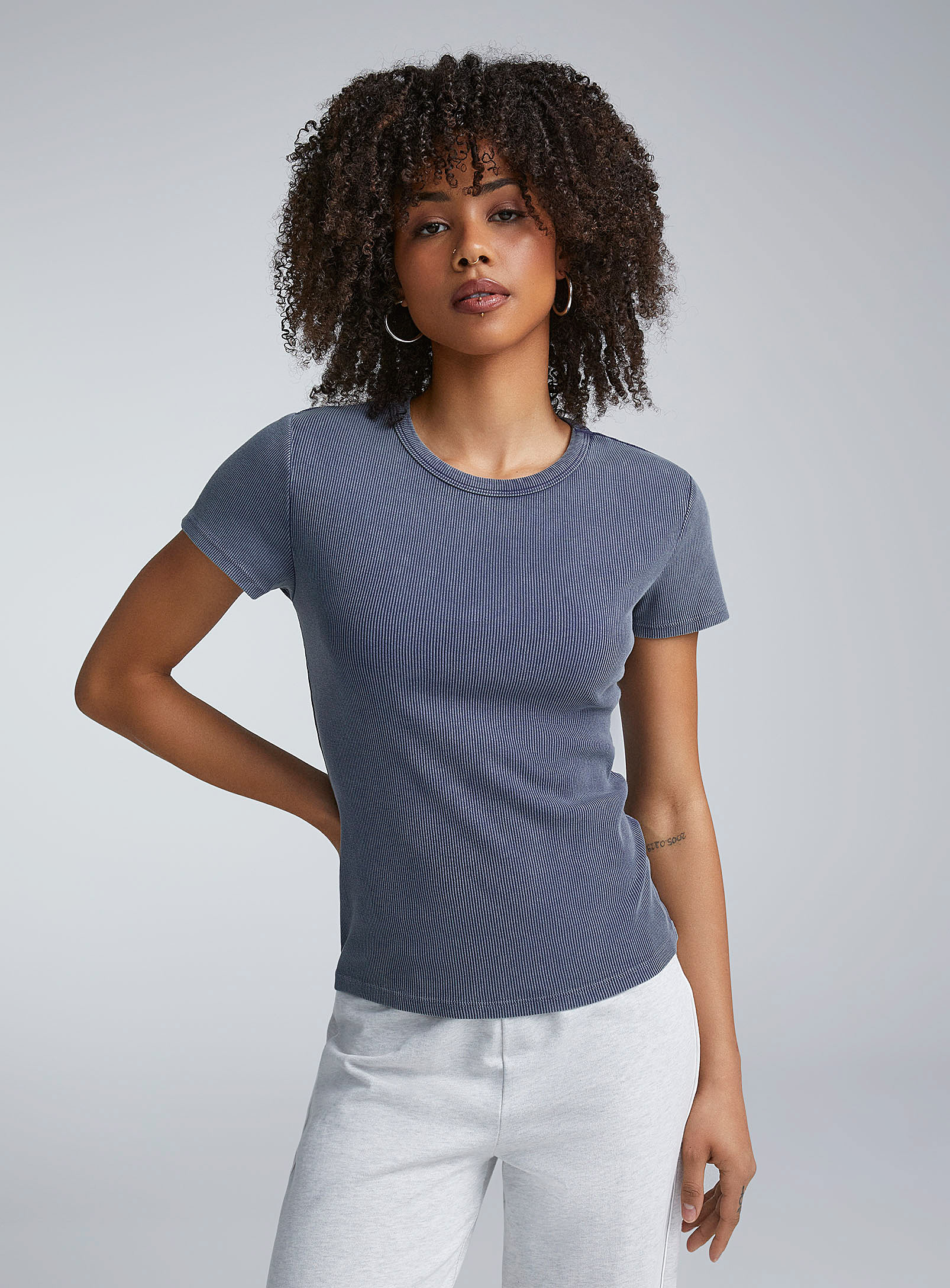 Twik Finely Ribbed Faded T-shirt In Slate Blue