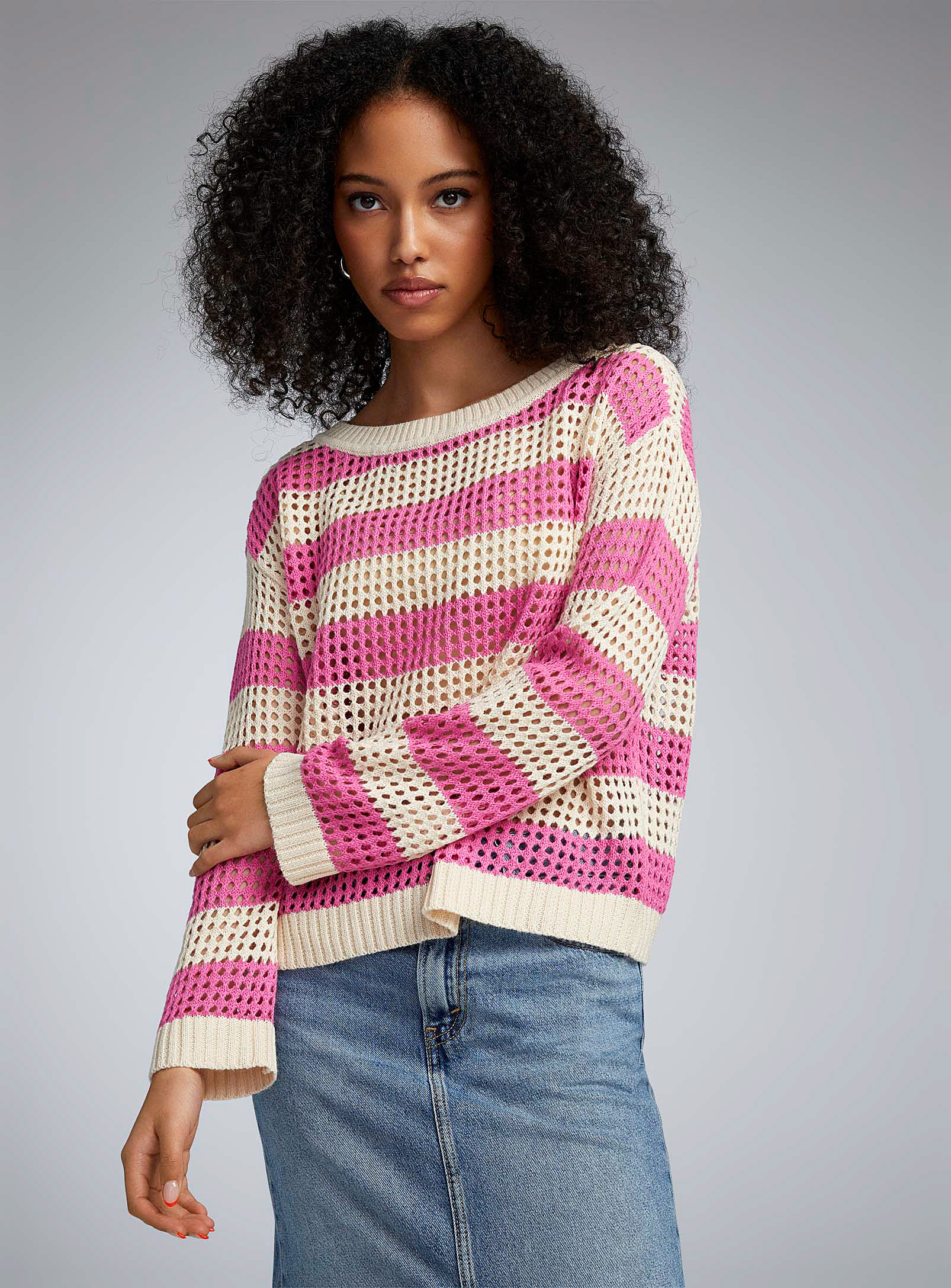 Twik Wide Stripes Openwork Sweater In Pink