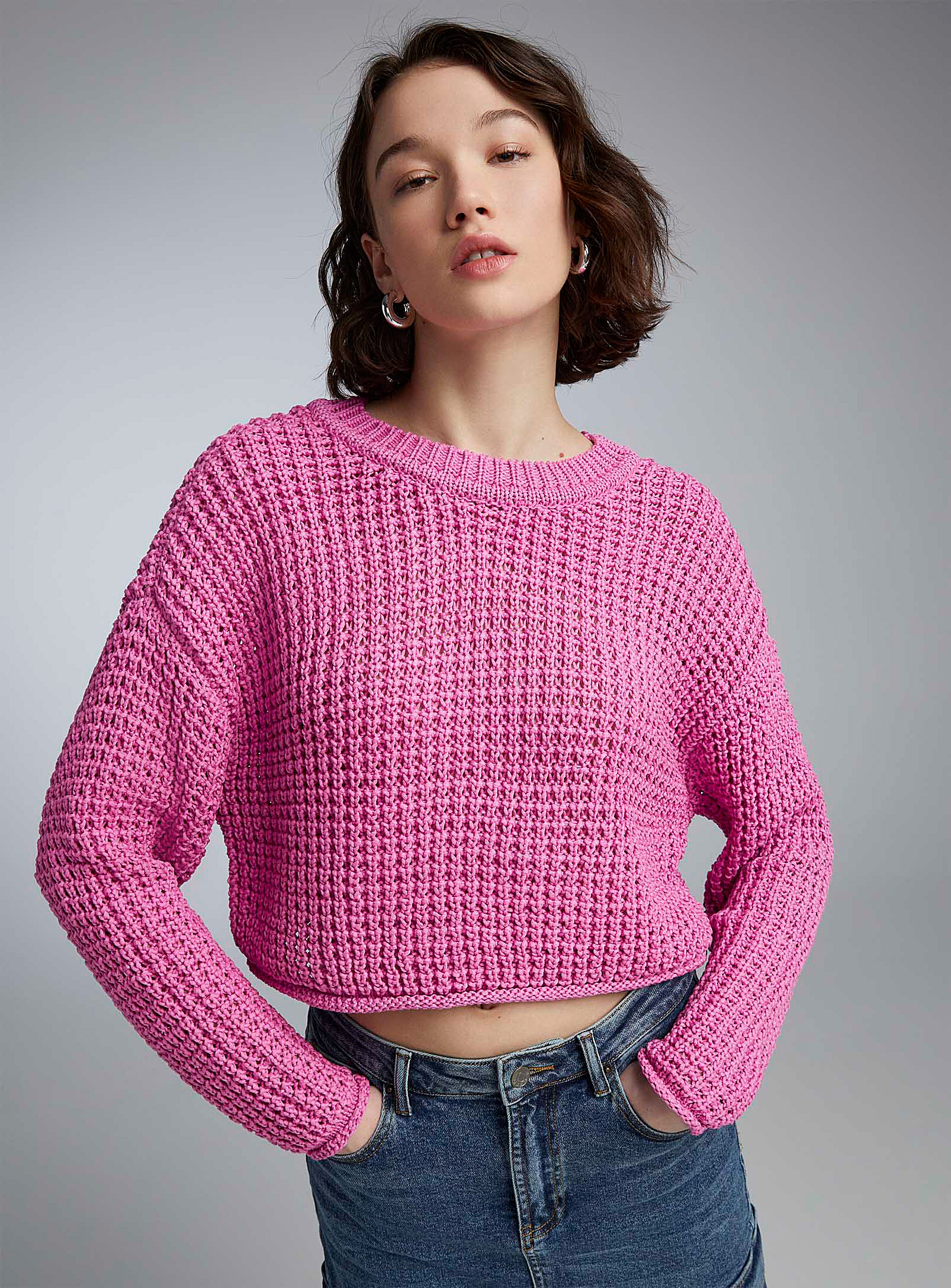 Twik Ribbon-knit Cropped Sweater In Pink