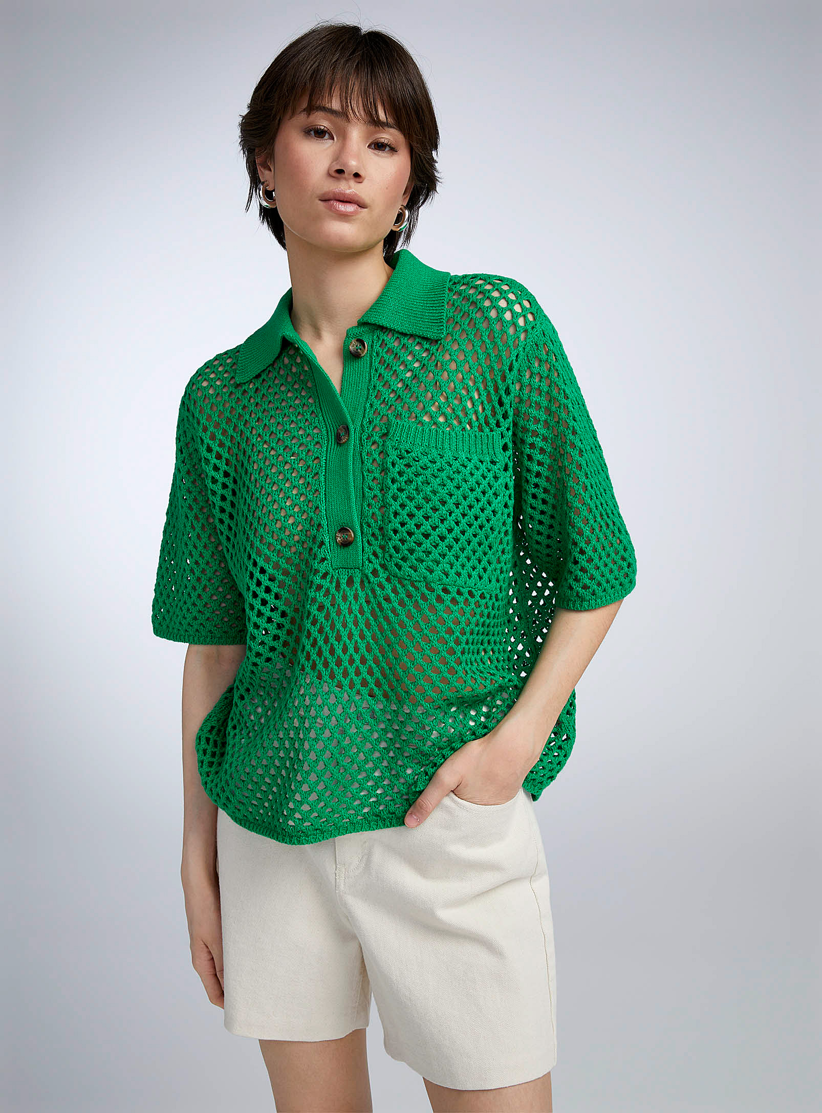 Twik Openwork Buttoned Polo Shirt In Green