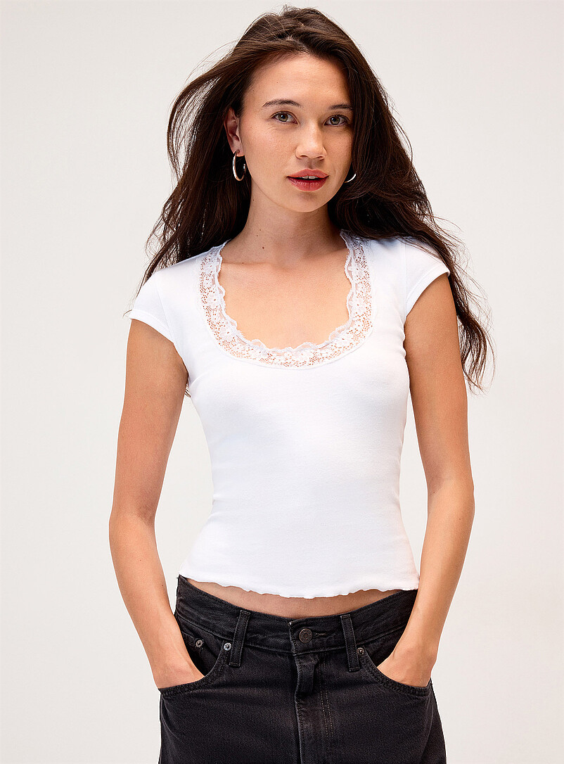 Lace trim scoop-neck T-shirt product image (primary)