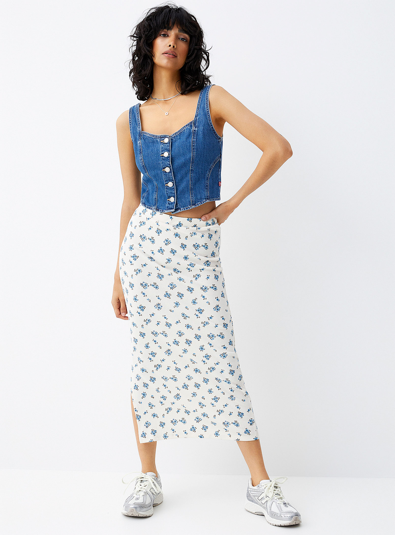 Twik Floral Ribbed Jersey Skirt In Off White