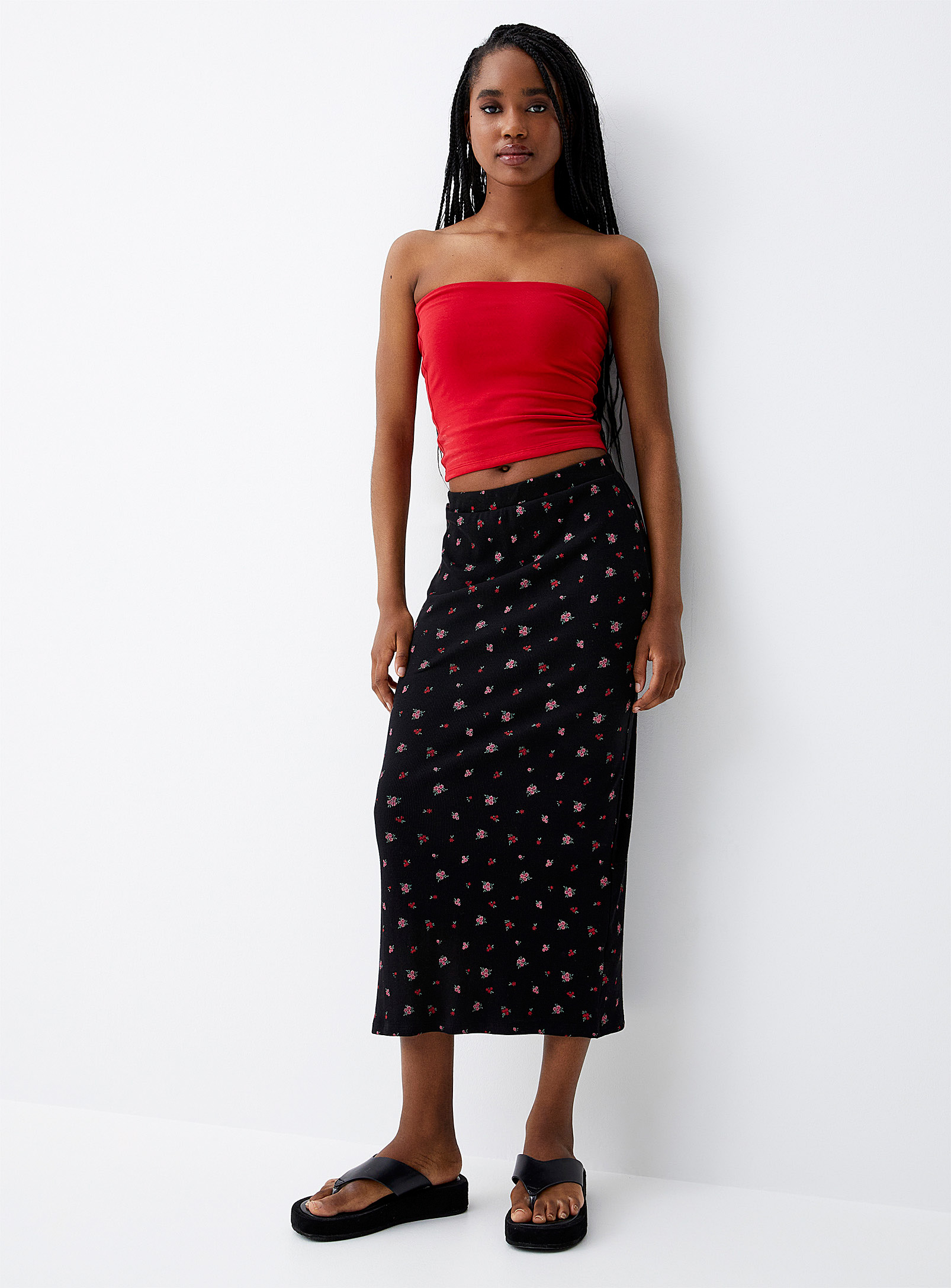 Twik Floral Ribbed Jersey Skirt In Patterned Black