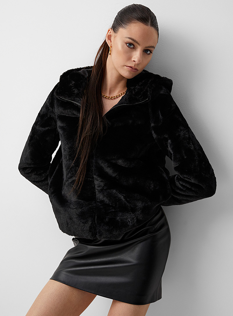 Vero Moda Black Hooded plush cropped coat for women