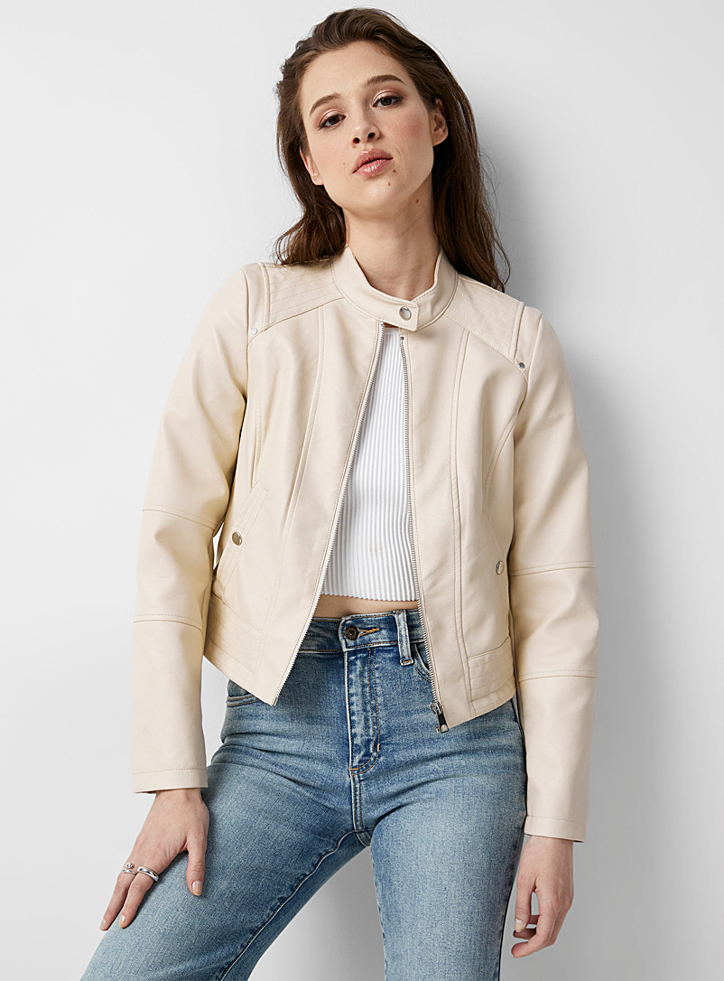 Vero Moda Ivory White Topstitched faux-leather biker jacket for women