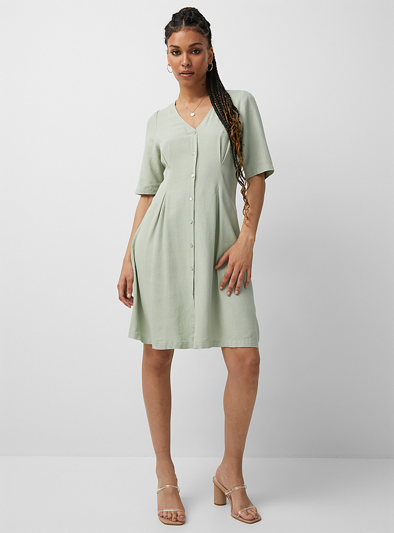 Vero Moda: La robe lin sauge boutons nacrés Vert pour femme