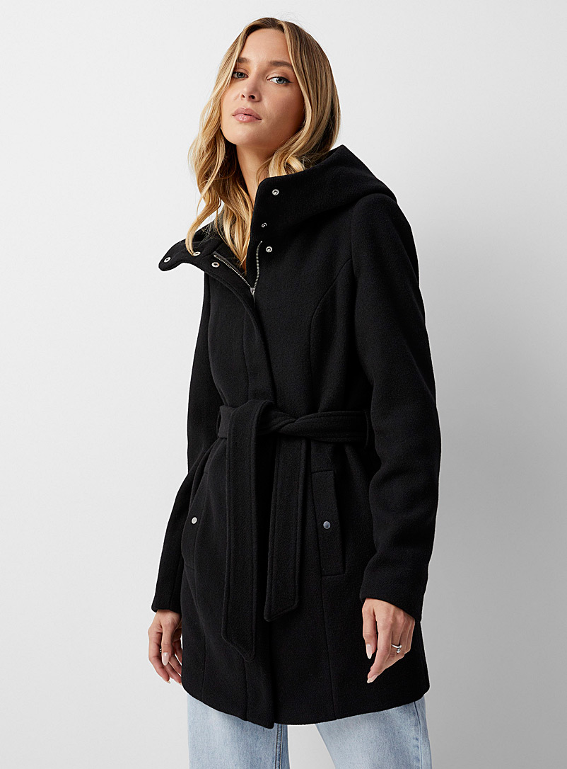Vero Moda Black Belted mid-length cocoon-hood coat for women