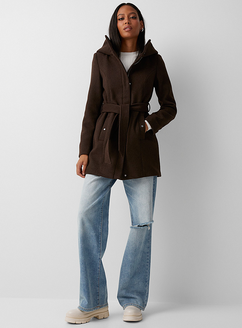 Vero Moda Dark Brown Belted mid-length cocoon-hood coat for women