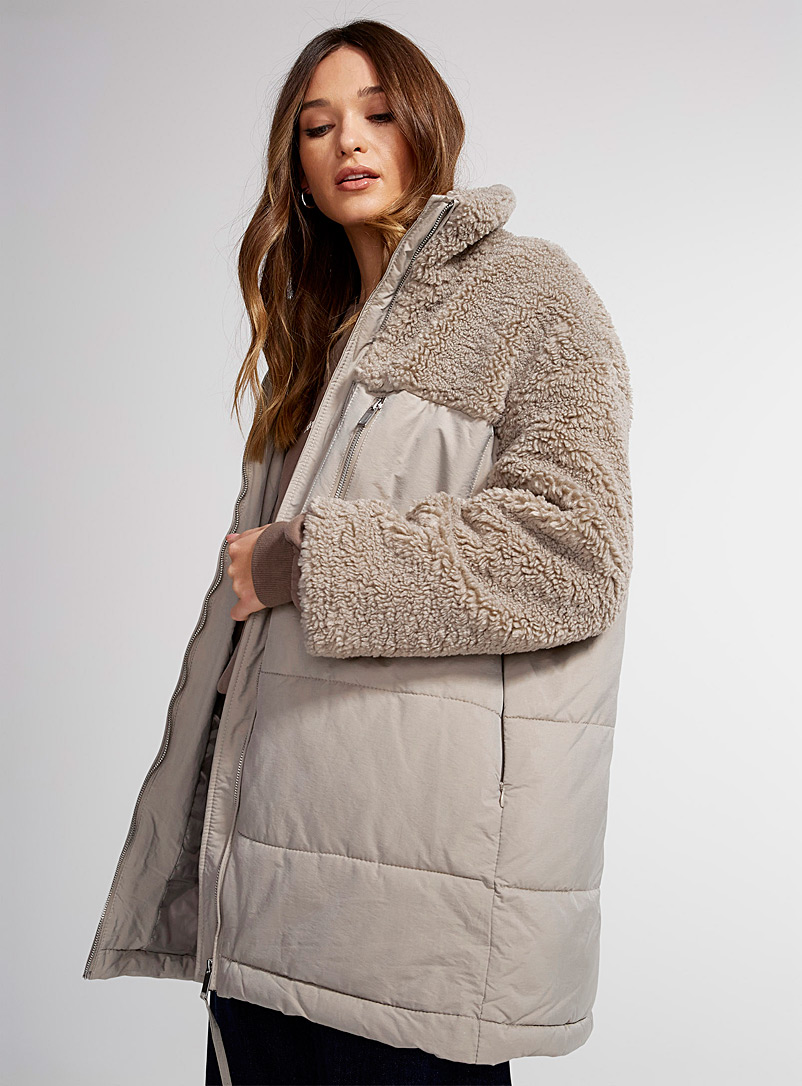 Vero Moda Beige Nylon and sherpa fleece stand collar puffer jacket for women