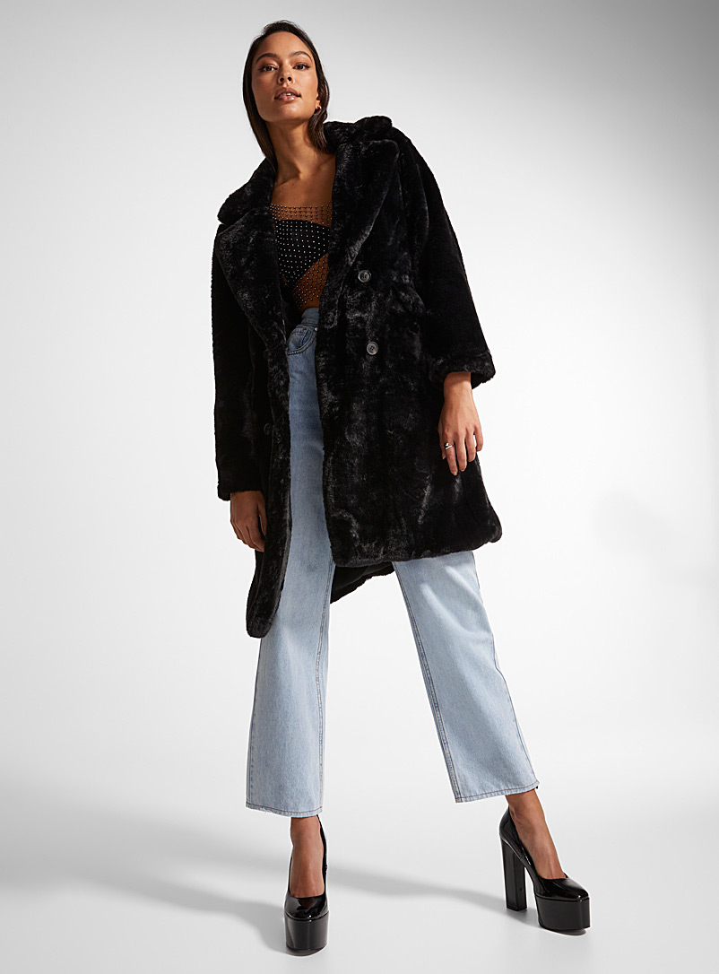 Vero Moda Black Notched collar faux-fur coat for women