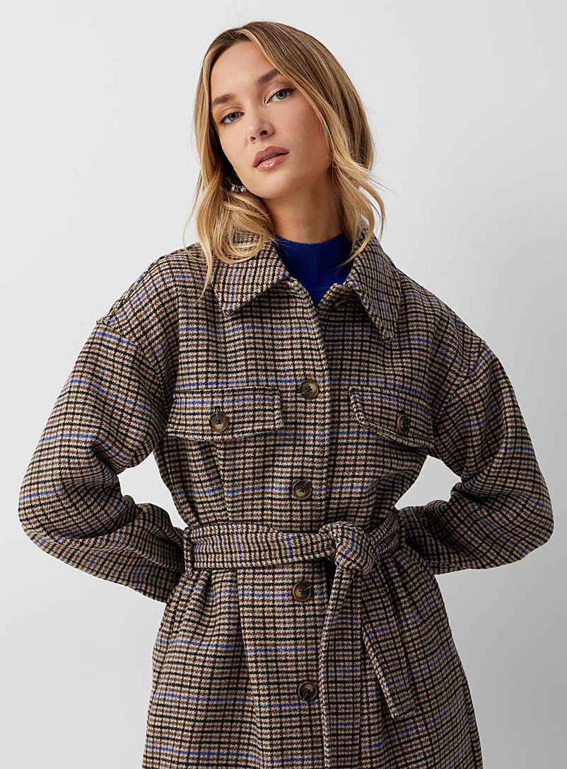 Vero Moda Patterned Brown Belted check mid-length coat for women