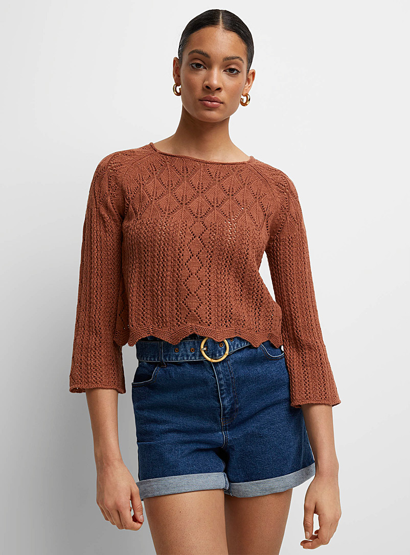 Vero Moda Fawn/Tobacco Flared-sleeve openwork cropped sweater for women