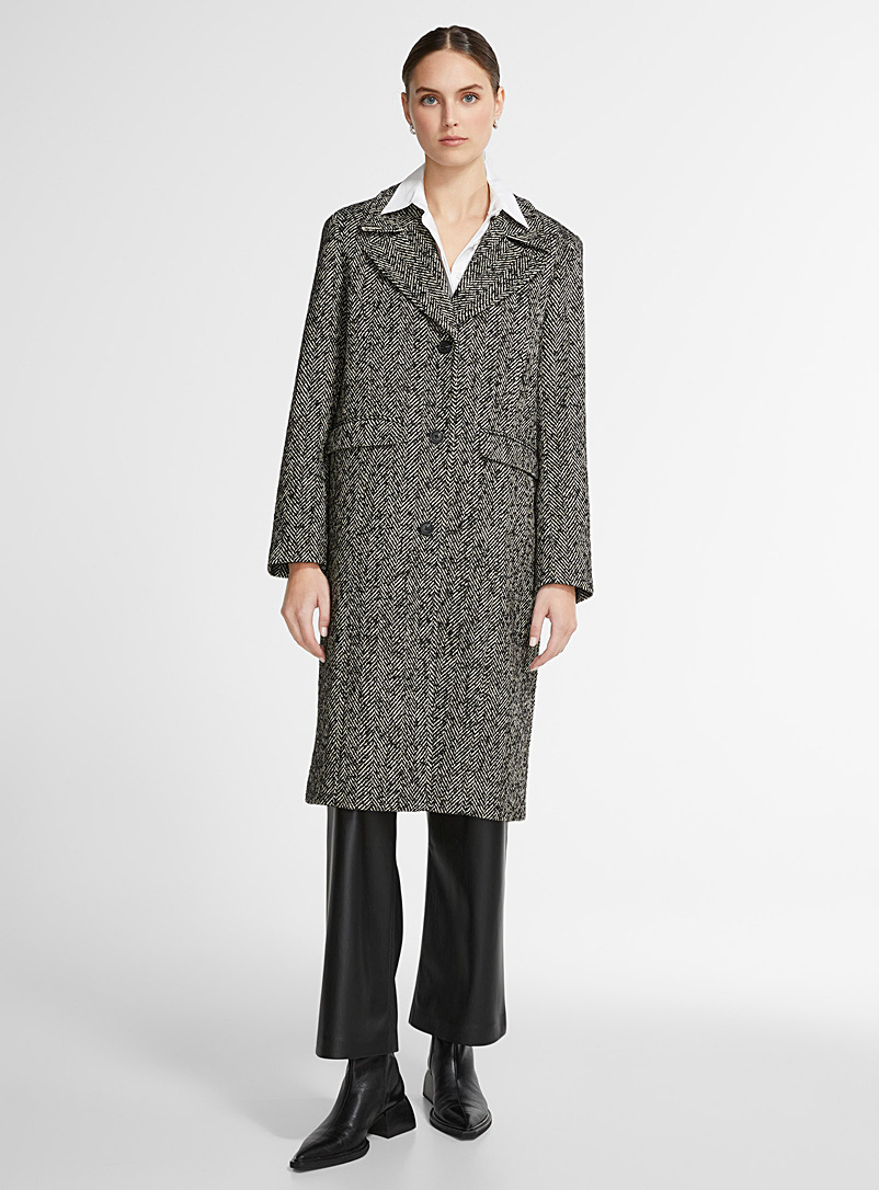 Vero Moda Black and White Recycled polyester contrast herringbone overcoat for women