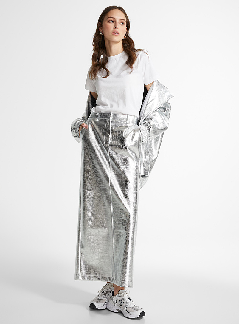 Vero Moda: La longue jupe argentée effet croco Argent pour femme