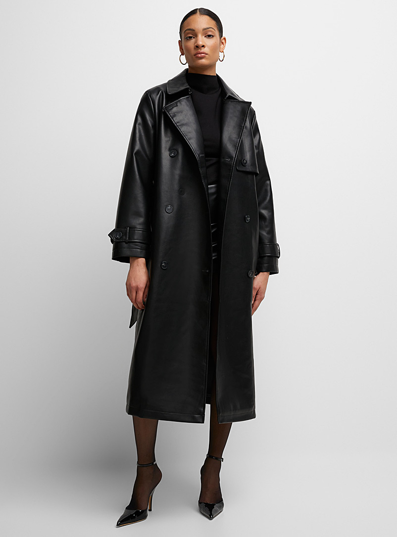 Vero Moda Black Double-breasted faux-leather loose trench coat for women